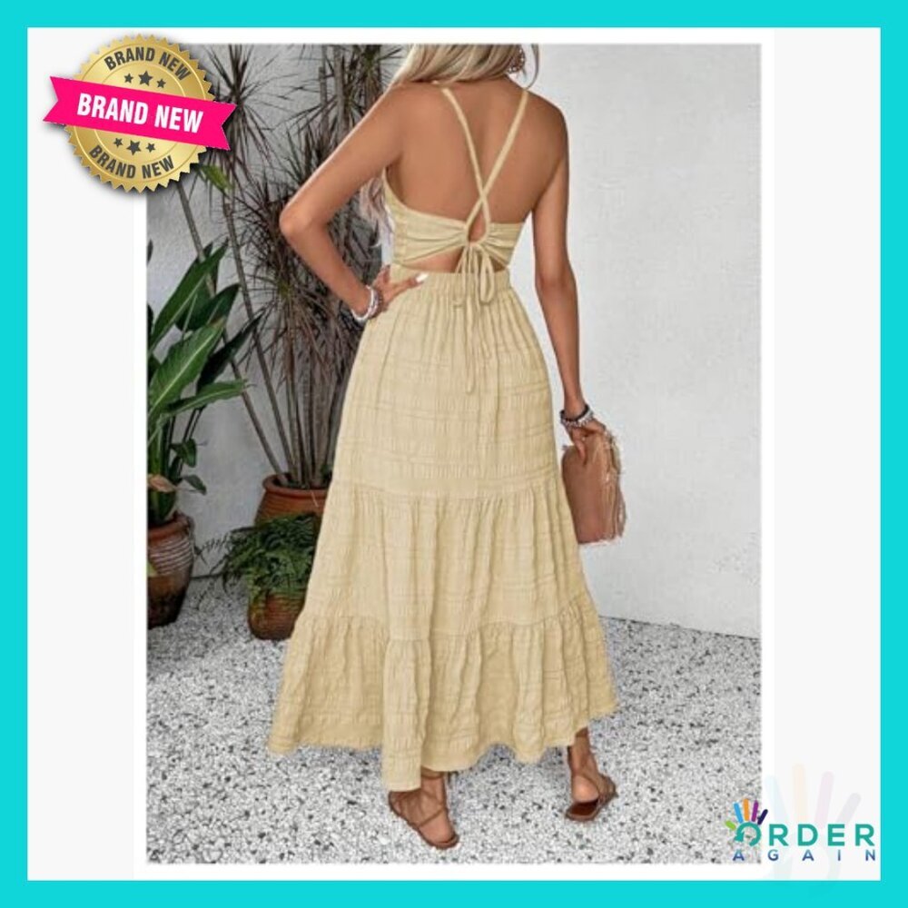 Halter Backless A-Line Maxi Dress Ruffle Hem Flowy Summer Boho Chic - Picture 2 of 6